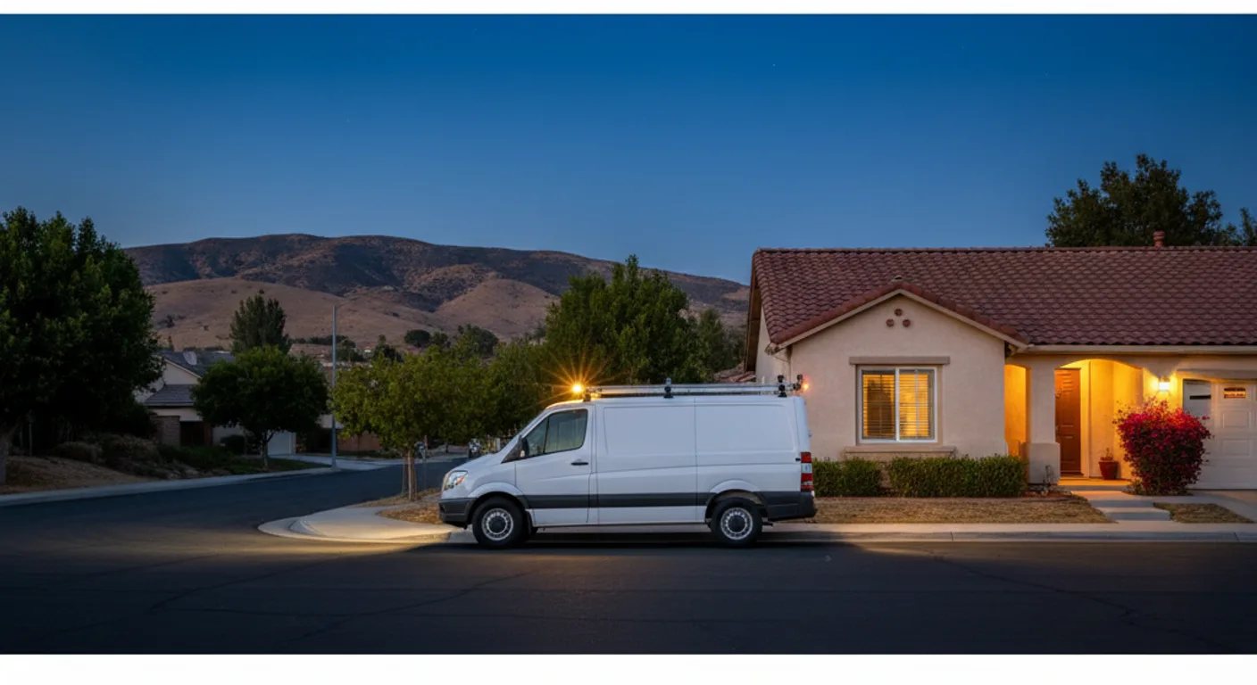A plumbing service van with night work lights parked outside a Temecula home after dark, conveying around-the-clock emergency response, photorealistic.