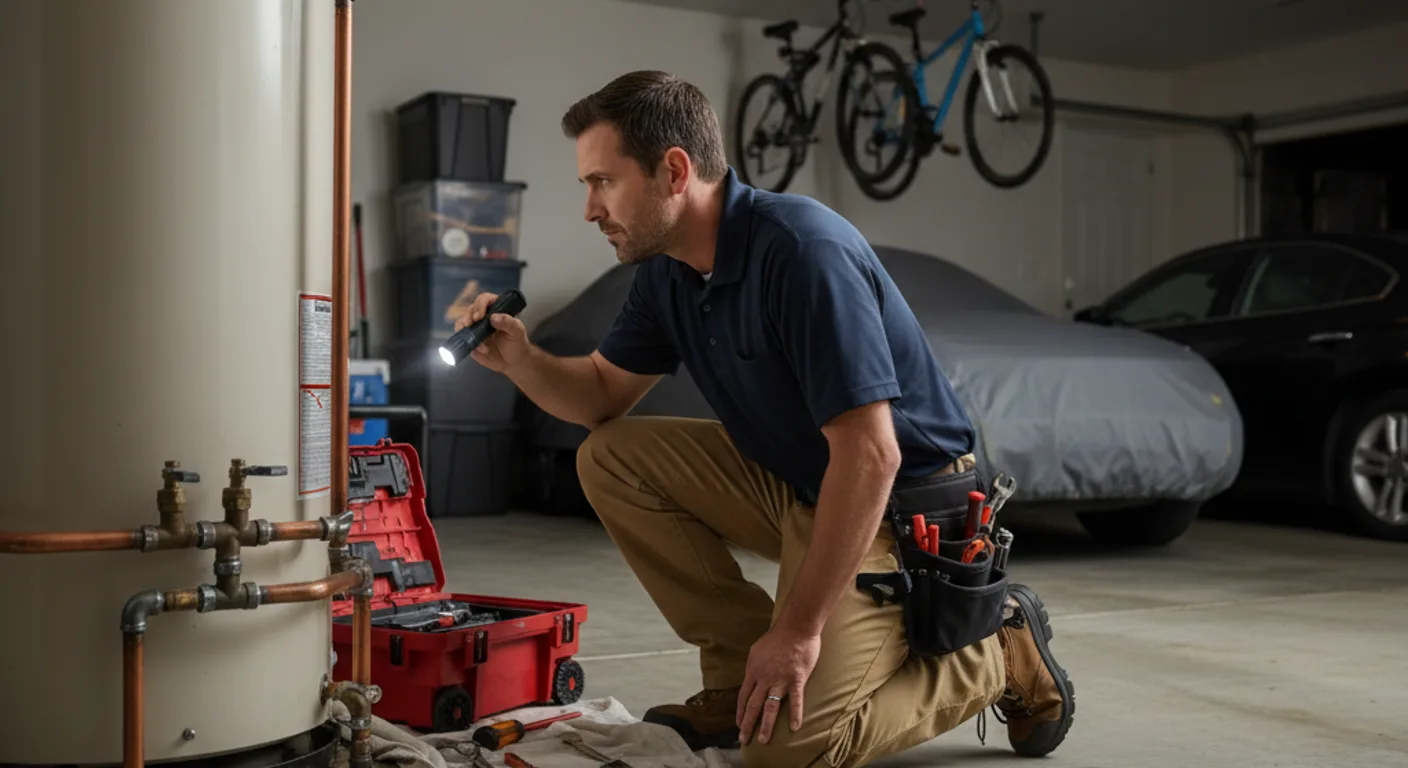 A plumber kneeling beside a water heater in a Temecula garage at night, inspecting a connection with a flashlight, focused and professional, photorealistic.