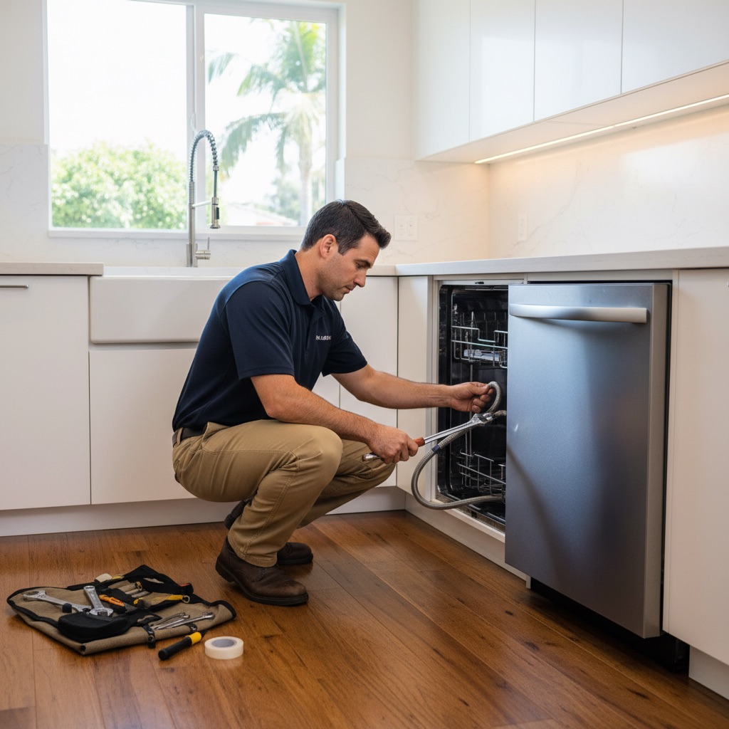 Plumber connecting dishwasher supply and drain lines under a San Diego kitchen sink