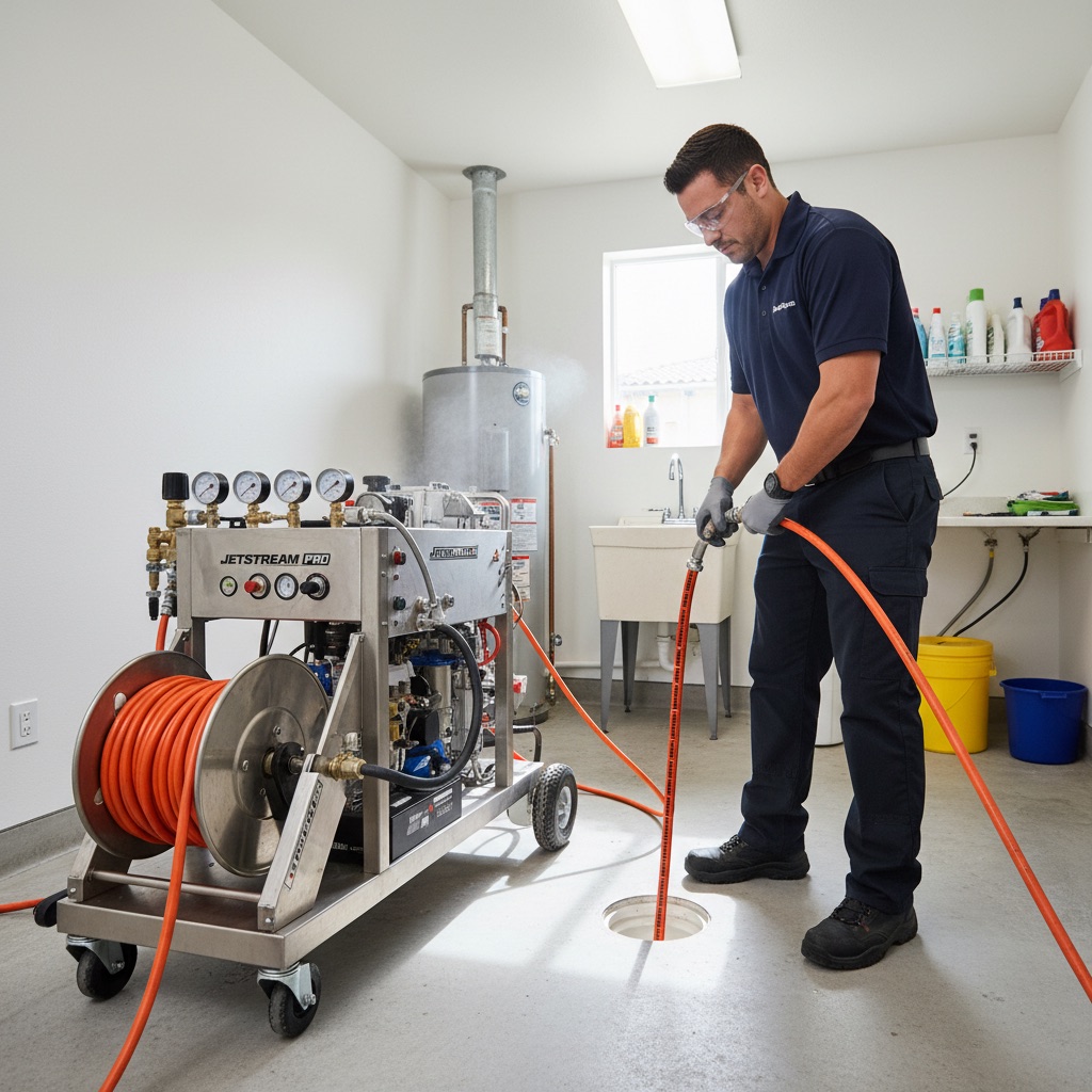 San Diego plumber clearing a clogged drain with a cable machine