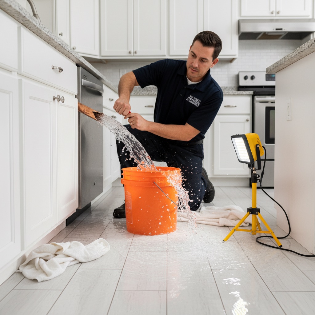 A plumber working on a pipe under a sink at night with a flashlight
