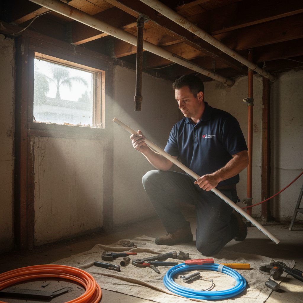 Copper water lines run through a San Diego home wall cavity during a whole-house repipe.