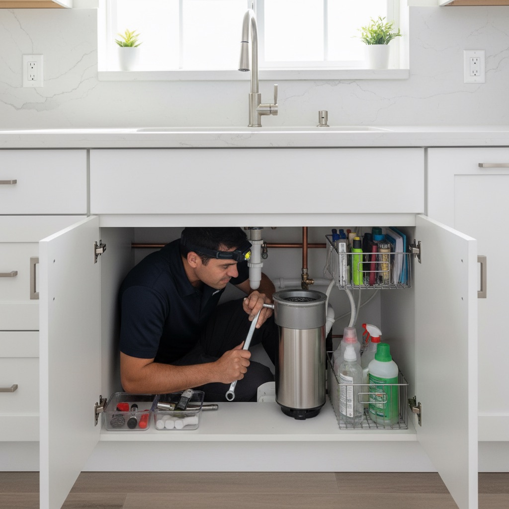 Garbage disposal under a San Diego kitchen sink being reset with a hex key