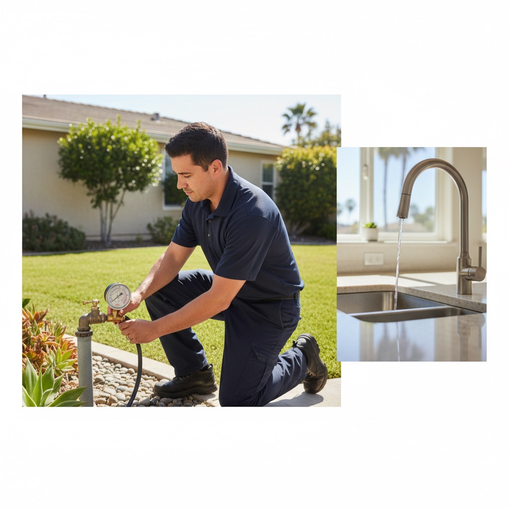 Homeowner checking a dry kitchen faucet in a San Diego home with no water