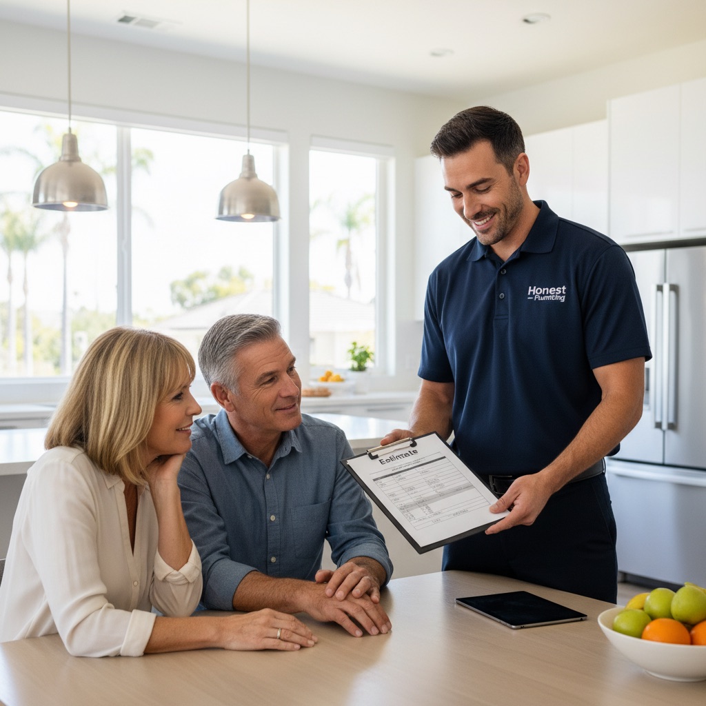 Plumber reviewing a written plumbing estimate with a San Diego homeowner.
