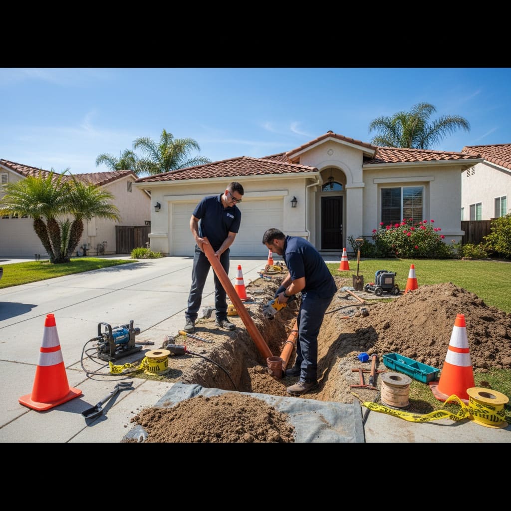 Plumber clearing a main sewer line blockage at a San Diego home.