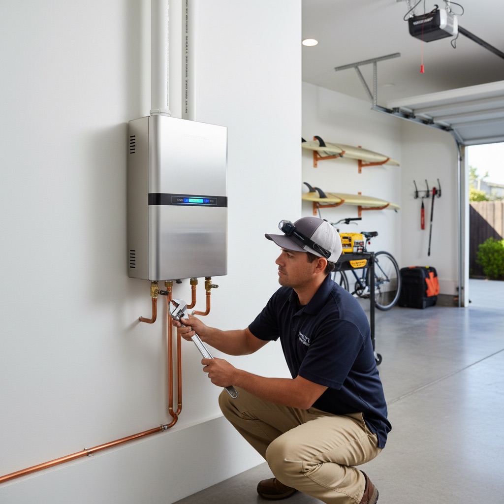 Wall-mounted tankless water heater next to a traditional tank water heater in a San Diego garage.
