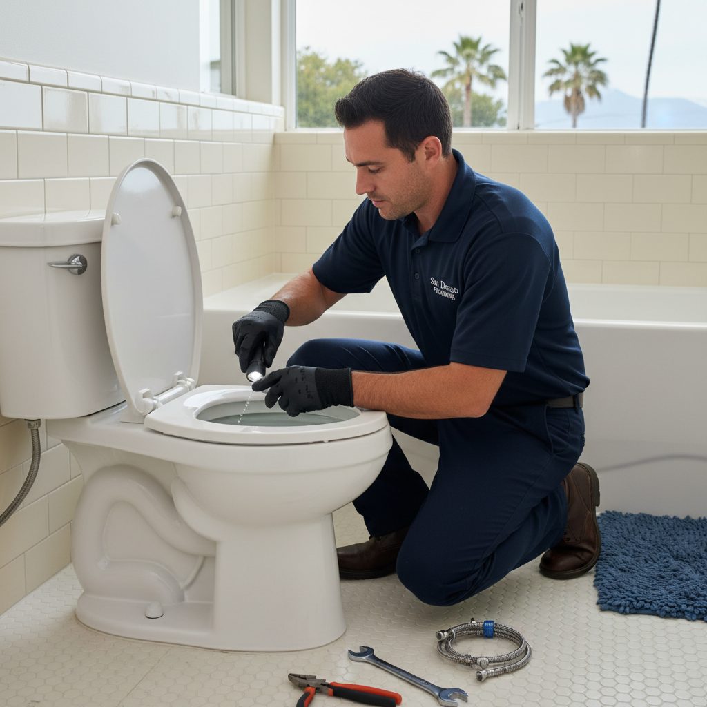 Overflowing toilet bowl with water rising toward the rim in a San Diego bathroom