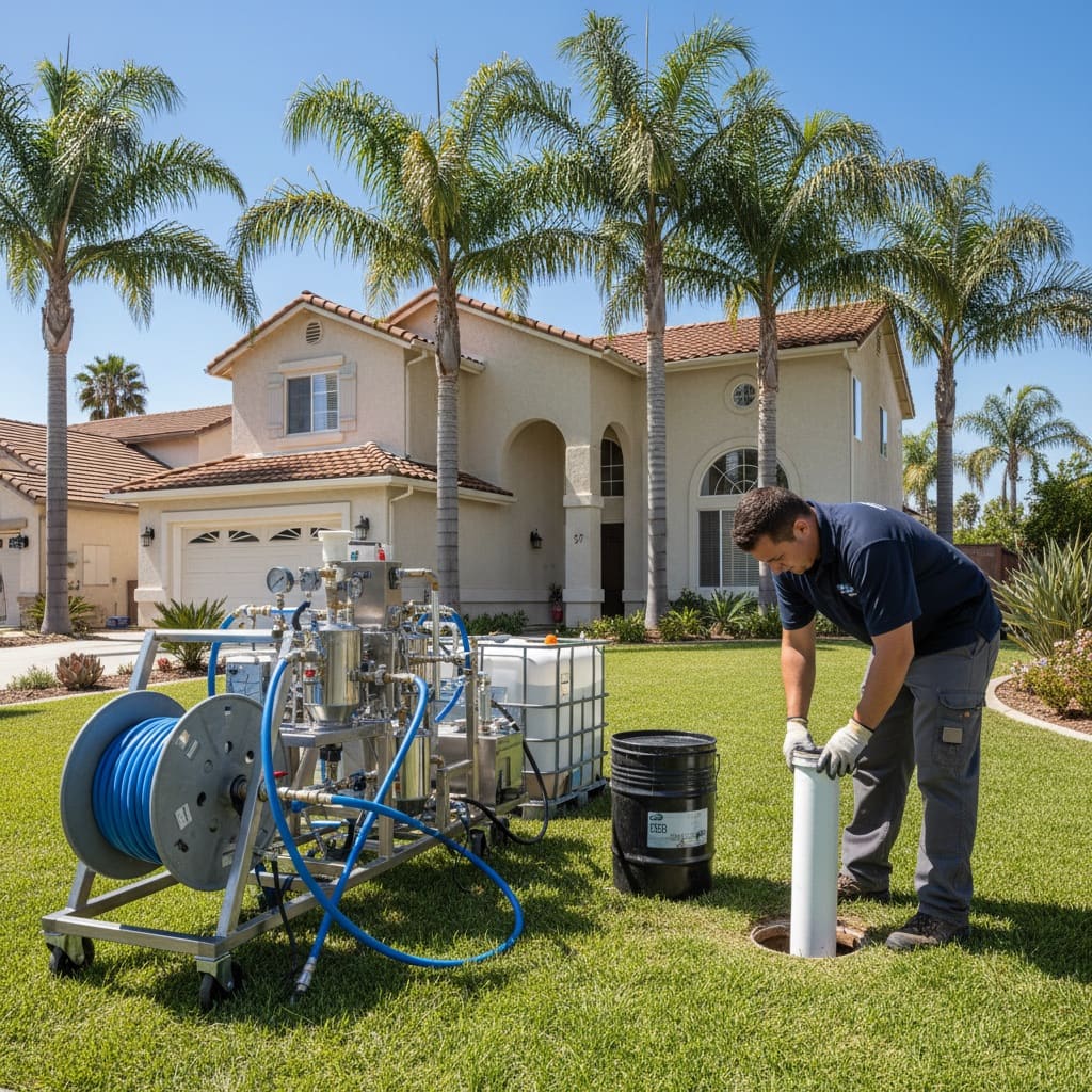 Trenchless sewer repair equipment set up at a San Diego residential property next to an excavated traditional dig.