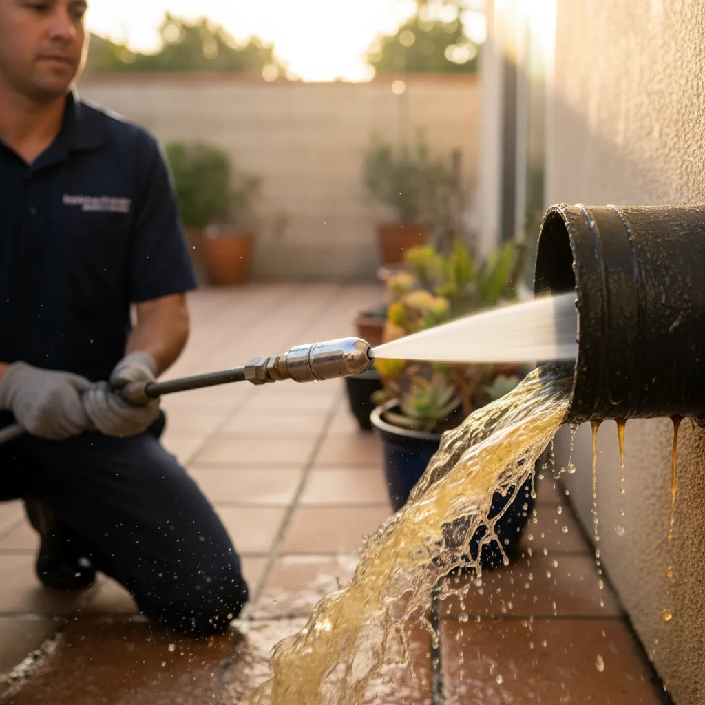 Close-up shot of a hydro-jetting nozzle powerfully cleaning the inside of a pipe, showing grease and buildup being washed away, photorealistic.