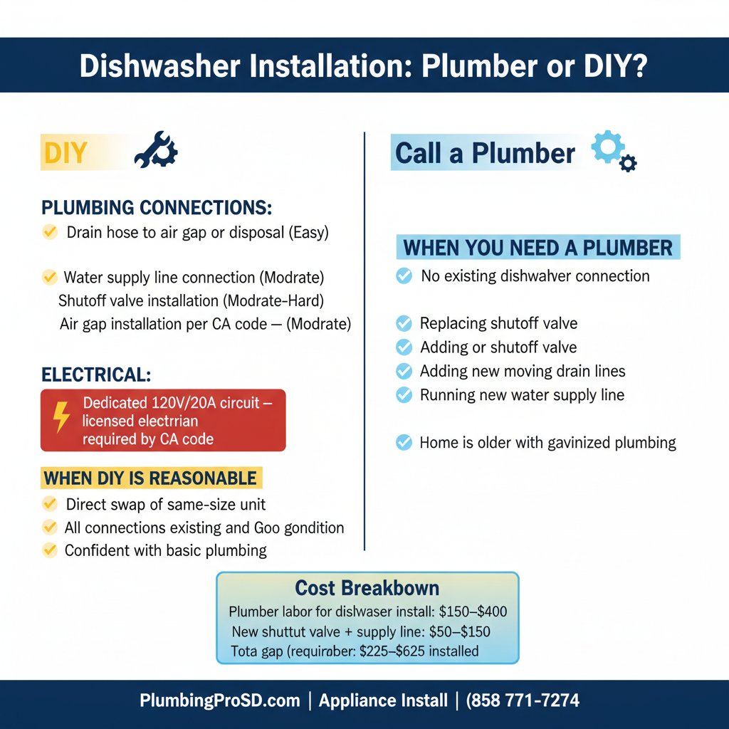 Infographic: what's involved in dishwasher installation in San Diego, plumber vs DIY, costs, and requirements