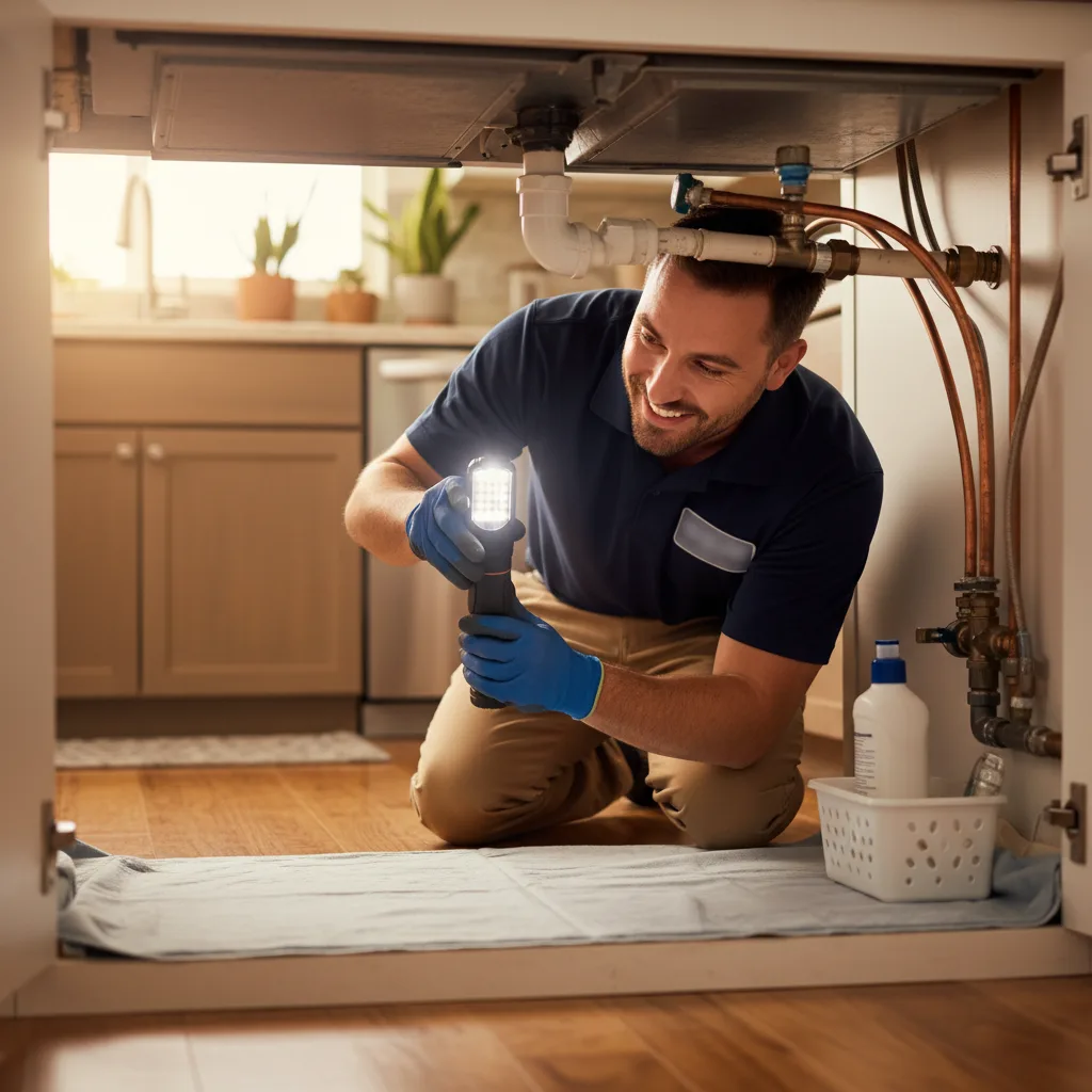 A friendly plumber with a flashlight examining pipes under a kitchen sink in a modern Encinitas home, professional and reassuring, photorealistic.