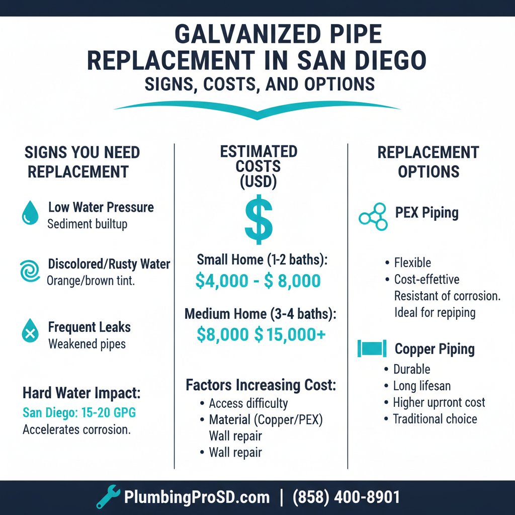 Infographic: Galvanized Pipe Replacement in San Diego: Signs, Costs, and Options, key facts and costs for San Diego homeowners