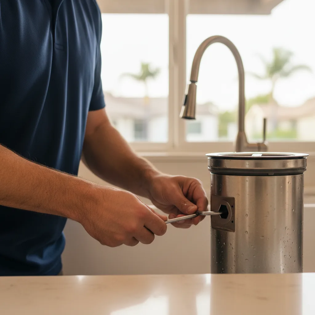 A plumber's hands using an allen wrench on the bottom of a garbage disposal to manually turn the blades and clear a jam.