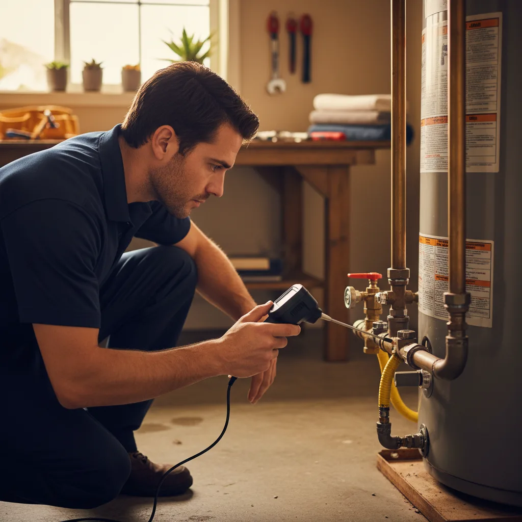 A plumber using a handheld gas leak detector on pipe connections behind a gas stove.