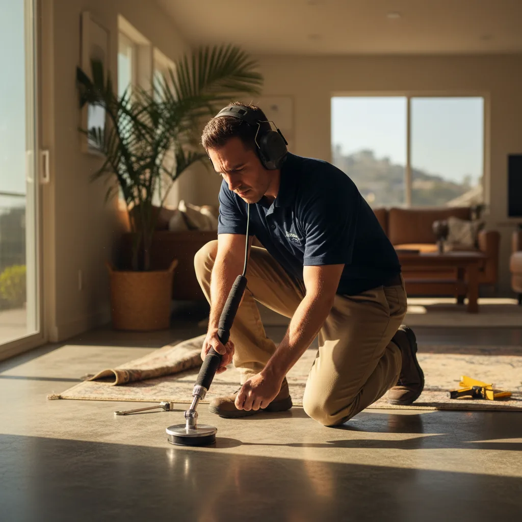 A plumber using an acoustic leak detection device on a slab floor, focused professional work, clean home interior