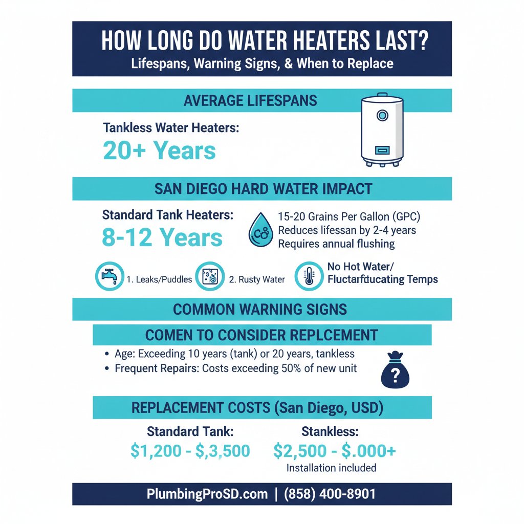 Infographic: How Long Do Water Heaters Last? Lifespans, Warning Signs, and When to Replace, key facts and costs for San Diego homeowners