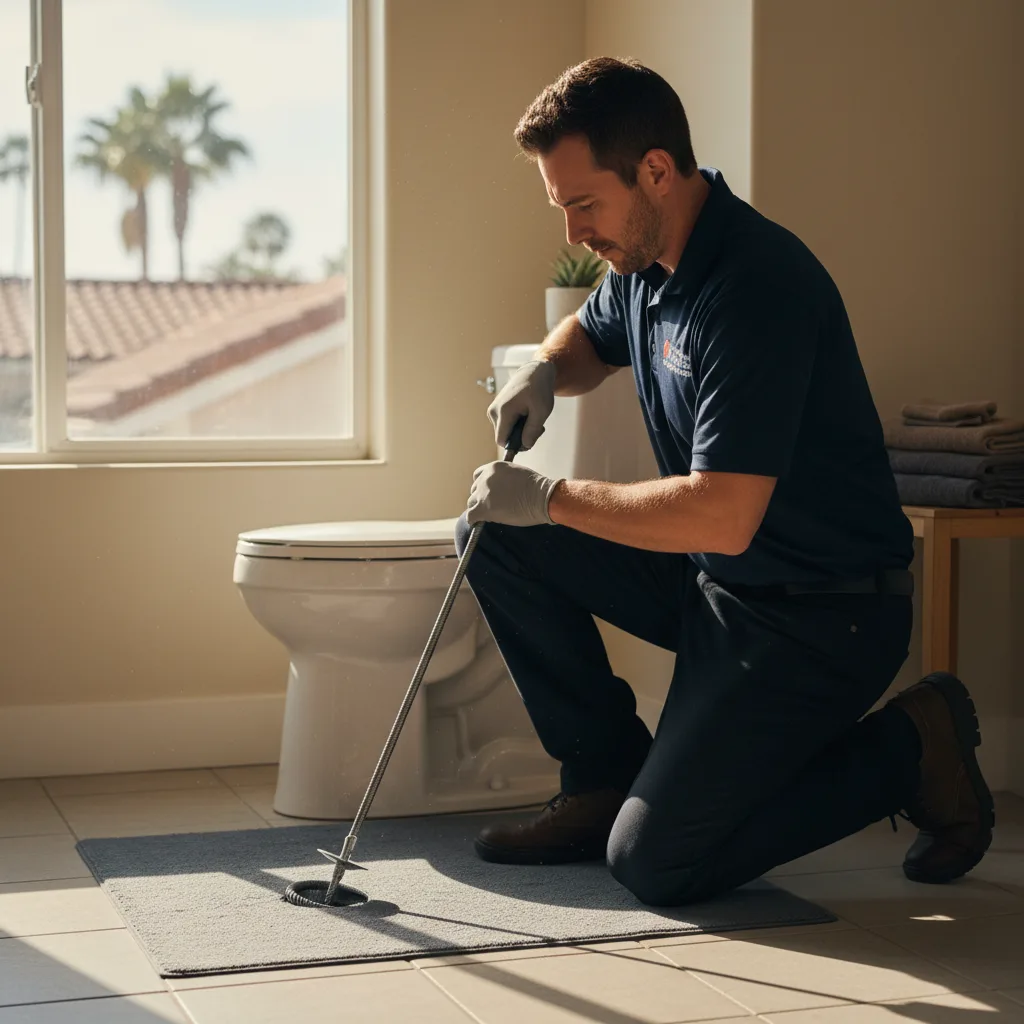 A plumber in uniform professionally using a toilet auger to clear a stubborn clog, with a protective mat on the floor