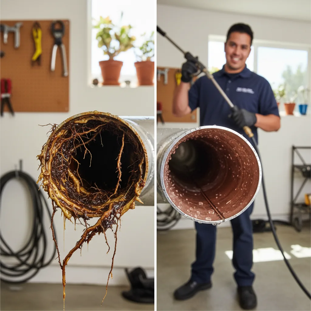 Before-and-after view of the inside of a pipe, grease and roots on one side, clean metal on the other, technical illustration style, photorealistic