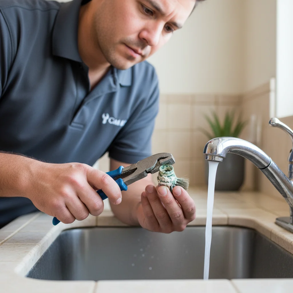 Plumber examining white hard water mineral buildup on an Escondido kitchen faucet
