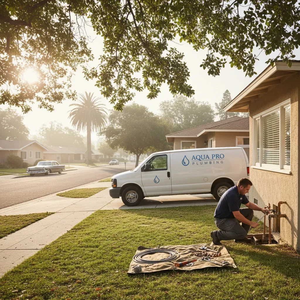 A Lemon Grove residential street with mid-century homes and mature trees, plumbing service van parked in driveway