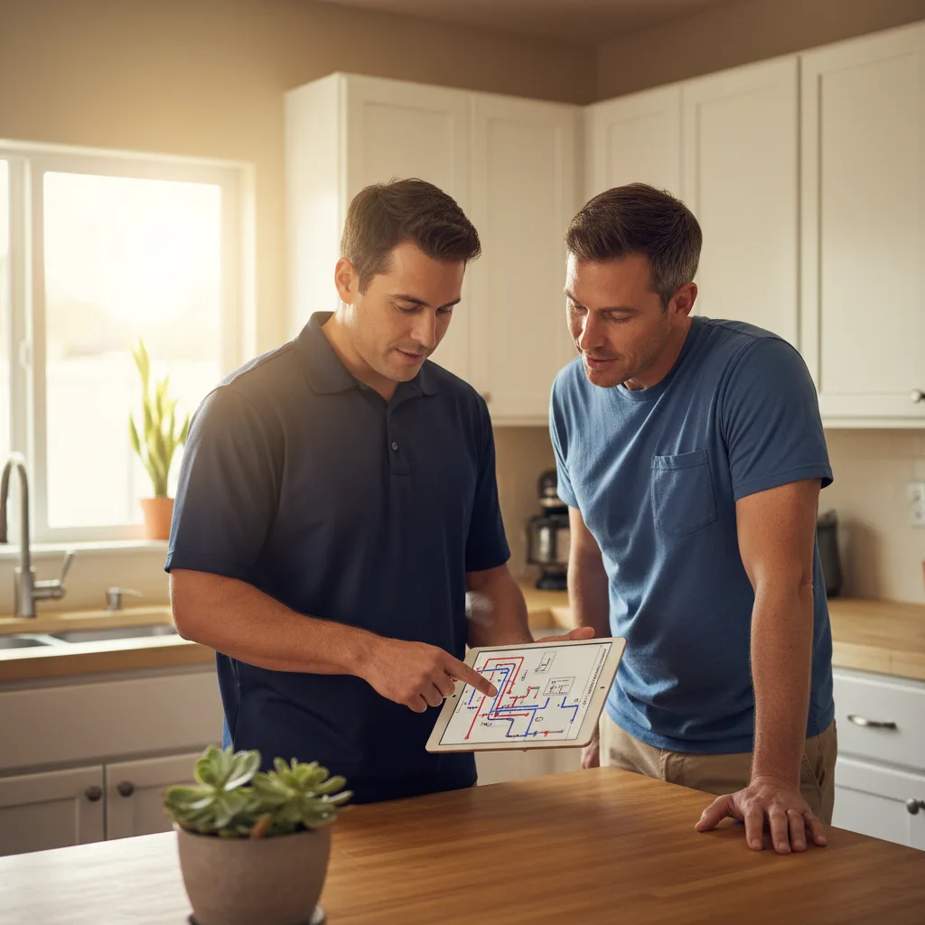 A licensed plumber explaining a repipe plan to a homeowner using a tablet diagram in a living room, friendly and professional, warm light, photorealistic
