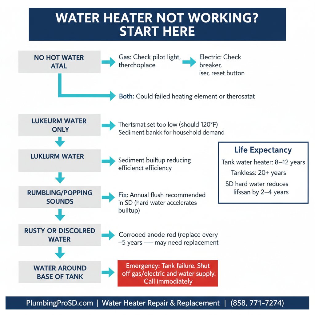 Infographic: water heater troubleshooting guide for San Diego homeowners, symptoms, causes, and fixes