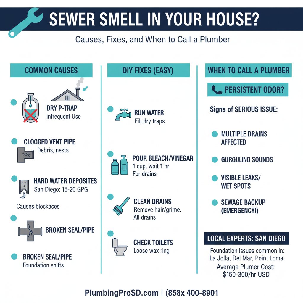 Infographic: Sewer Smell in Your House? Causes, Fixes, and When to Call a Plumber, key facts and costs for San Diego homeowners