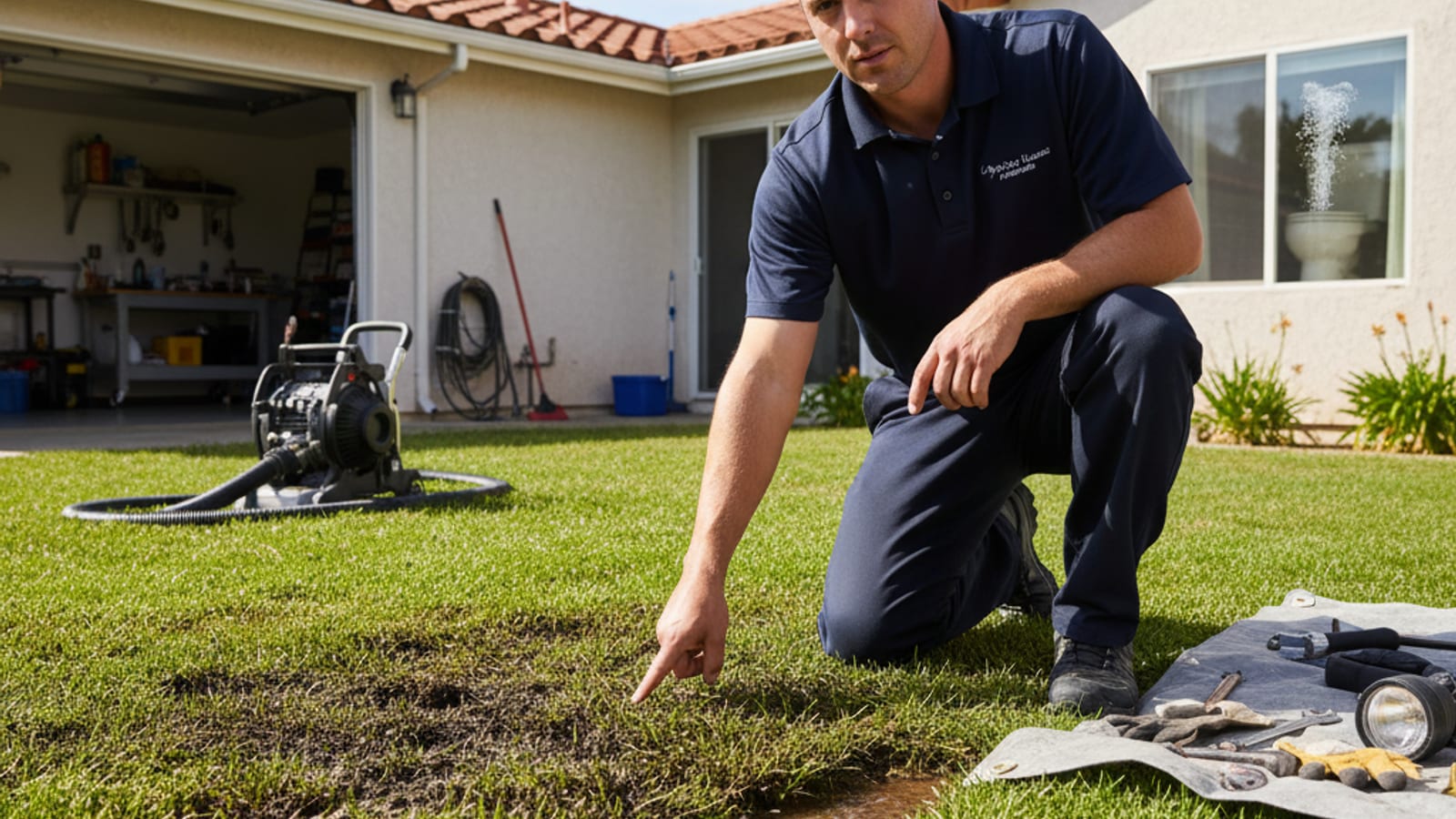 Plumber lowering a sewer inspection camera into a residential cleanout in San Diego
