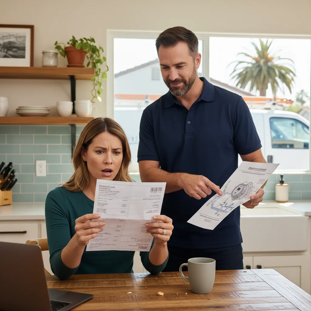 A homeowner looking at a water bill with concern at a kitchen table, a plumber's