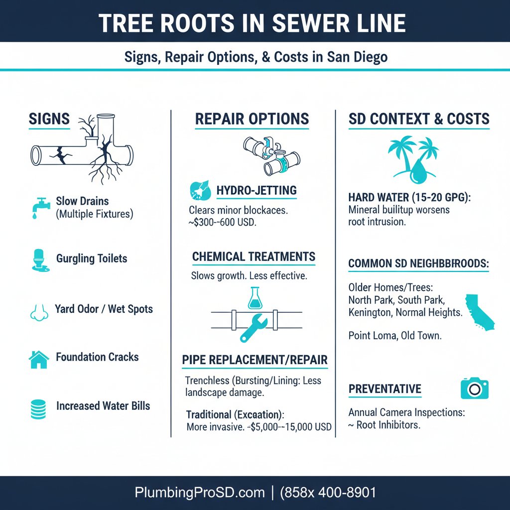 Infographic: Tree Roots in Sewer Line: Signs, Repair Options, and Costs in San Diego, key facts and costs for San Diego homeowners