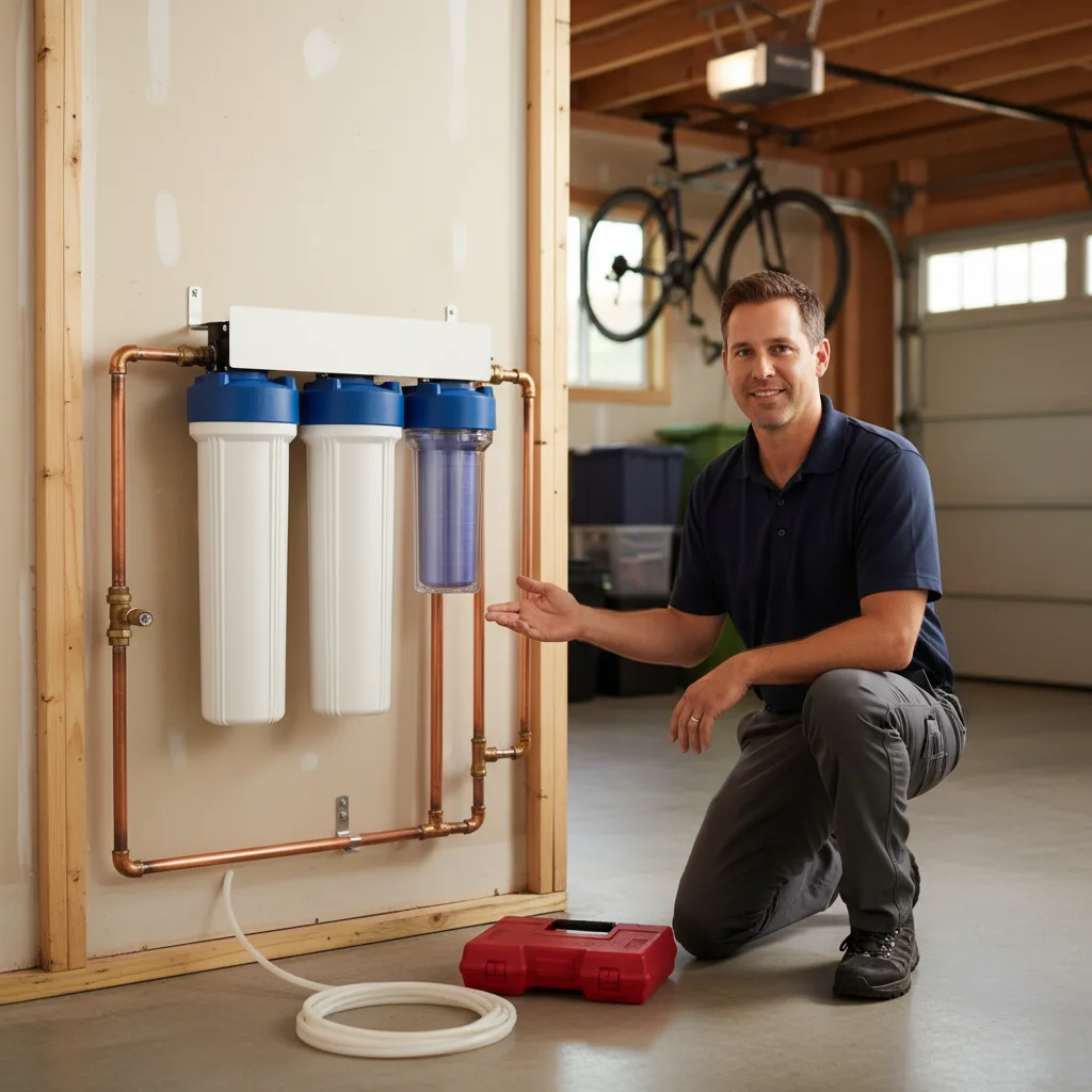 A neatly installed whole-house water filtration system in a clean San Diego garage, showcasing professional work