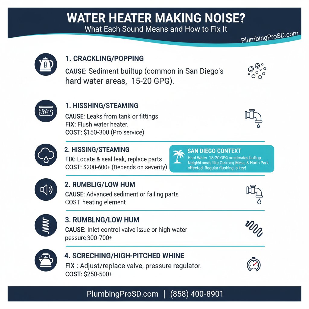 Infographic: Water Heater Making Noise? What Each Sound Means and How to Fix It, key facts and costs for San Diego homeowners