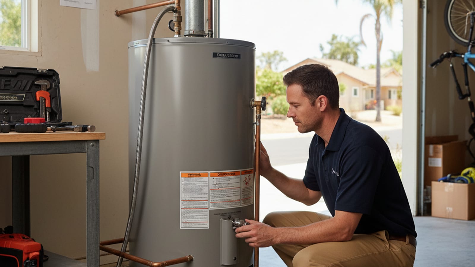 A San Diego plumber inspecting a newly installed tank water heater with seismic straps and a drain pan in a garage.
