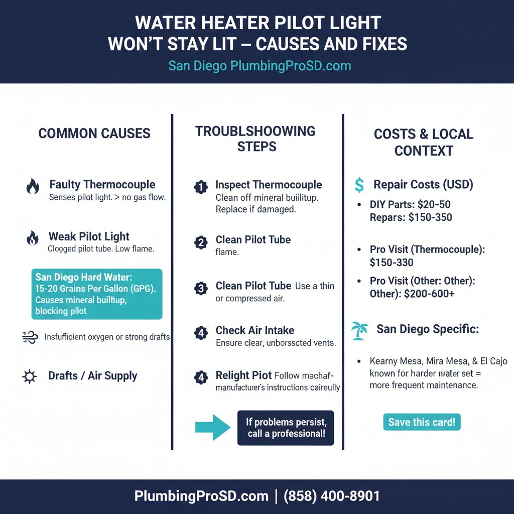 Infographic: Water Heater Pilot Light Won't Stay Lit, Causes and Fixes, key facts and costs for San Diego homeowners