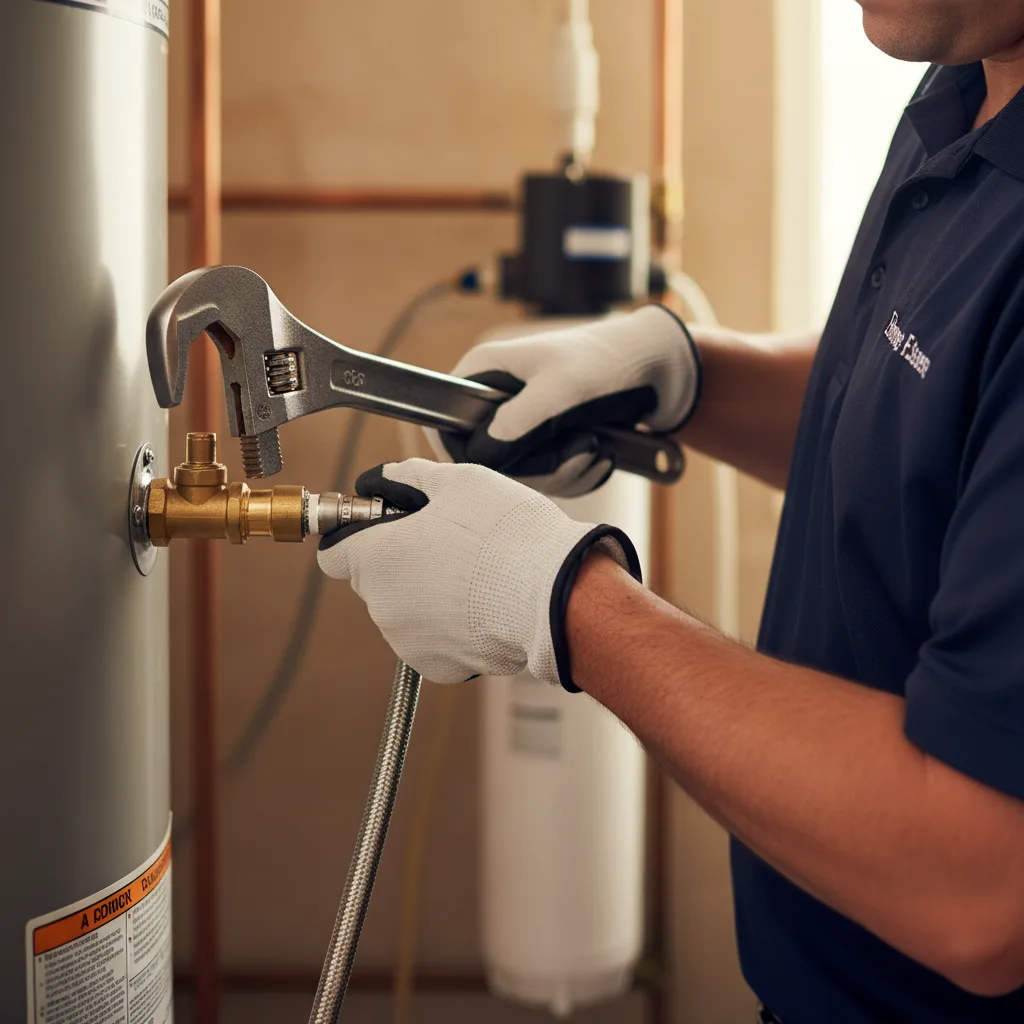 Close-up of a plumber's hands using a wrench on a water heater inlet connection,
