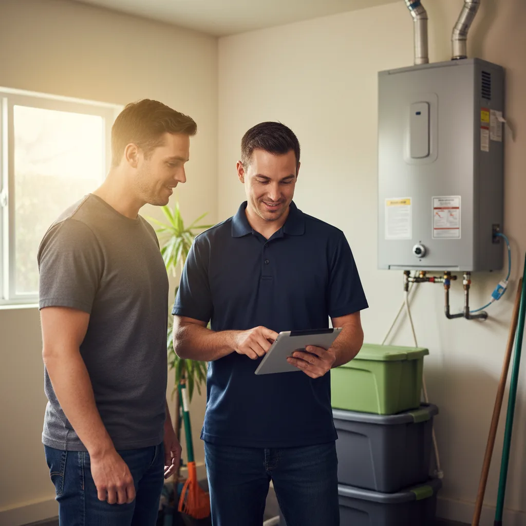 A plumber providing a homeowner with a quote on a tablet, standing in front of a water heater.
