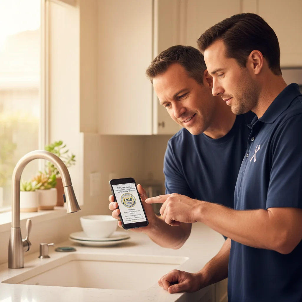 A homeowner looking at a plumber's license on a smartphone screen, with the CSLB website visible, showing the verification process.