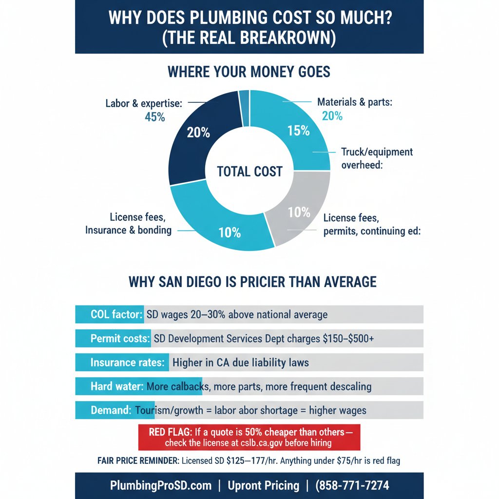 Infographic breaking down why plumbing is expensive in San Diego, labor, materials, licensing, and overhead costs