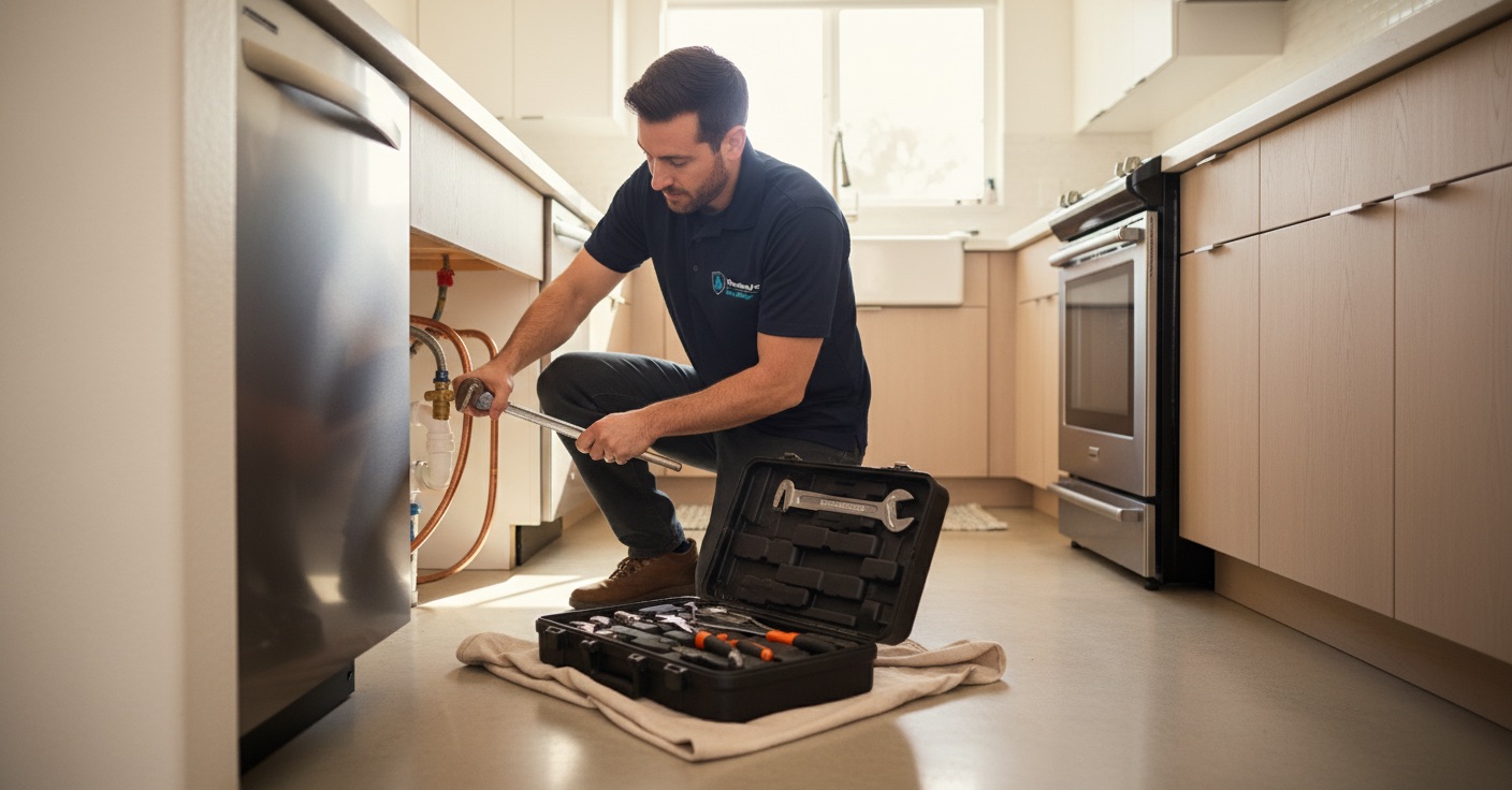 hero-home.jpg, Plumber working under a sink in a modern San Diego kitchen